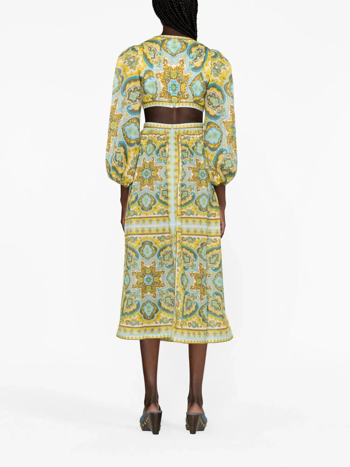 Zimmermann Halcyon Tie Front Midi Dress Blue/Yellow Paisley Size 1 / AU 10 - Image 3