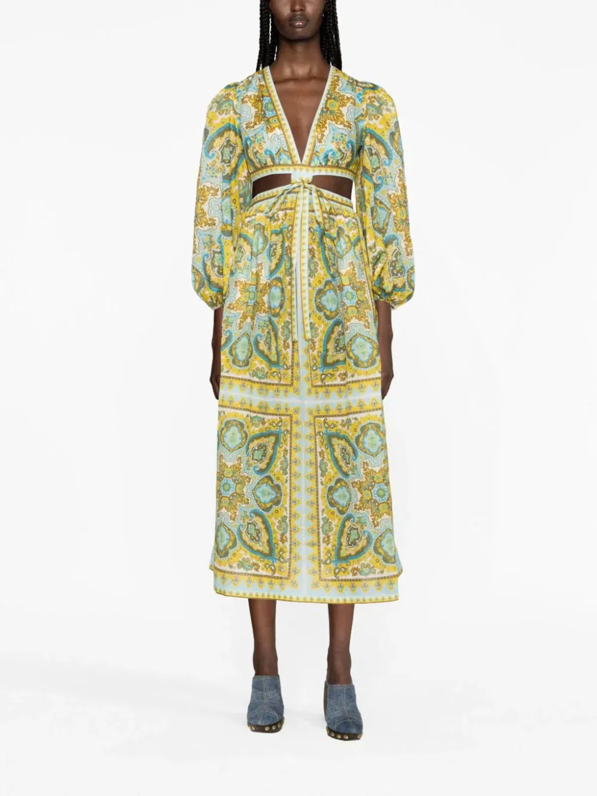 Zimmermann Halcyon Tie Front Midi Dress Blue/Yellow Paisley Size 1 / AU 10 - Image 1