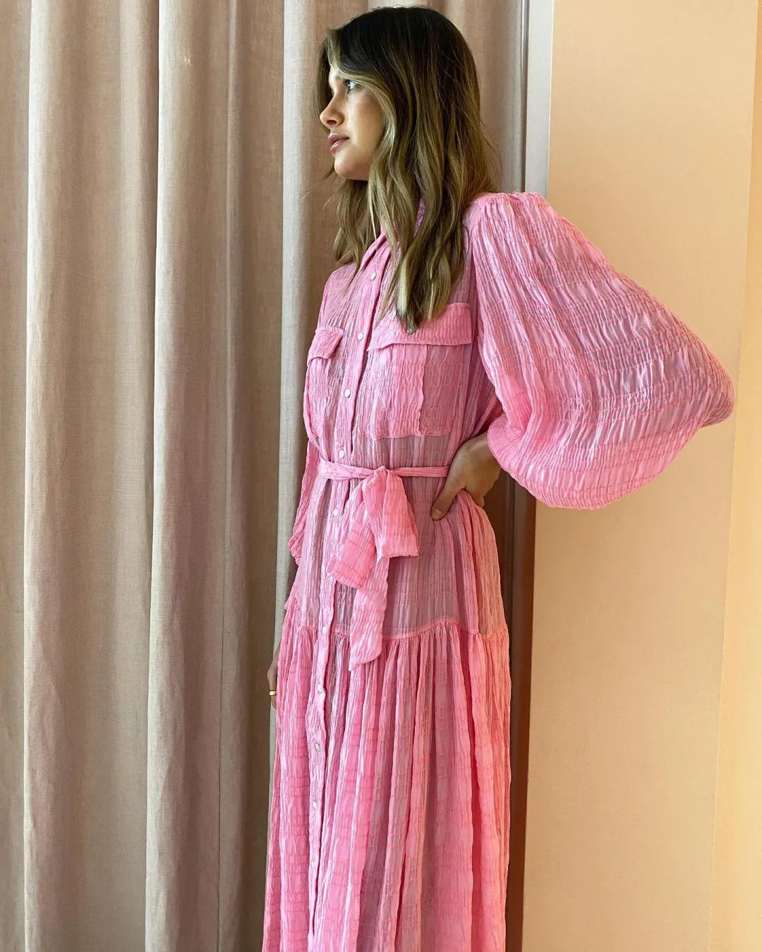 Alemais Antonella Silk Embroidered Shirt Maxi Dress Pink Size 6 AU for rent on The Volte - main image