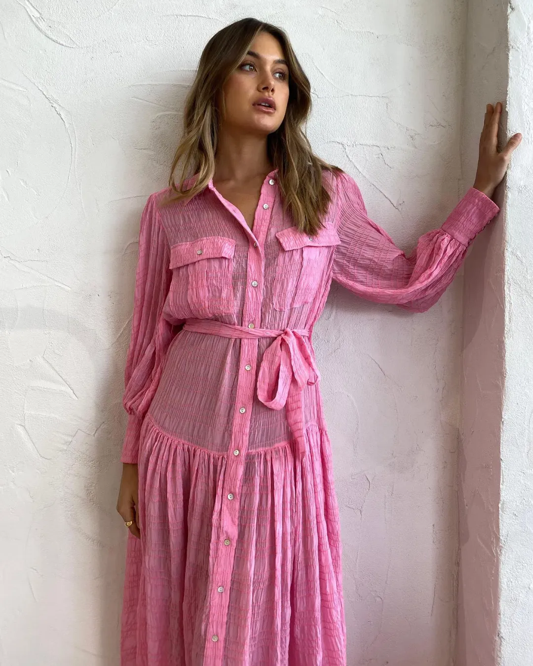 Alemais Antonella Silk Embroidered Shirt Maxi Dress Pink Size 6 AU for rent on The Volte - main image