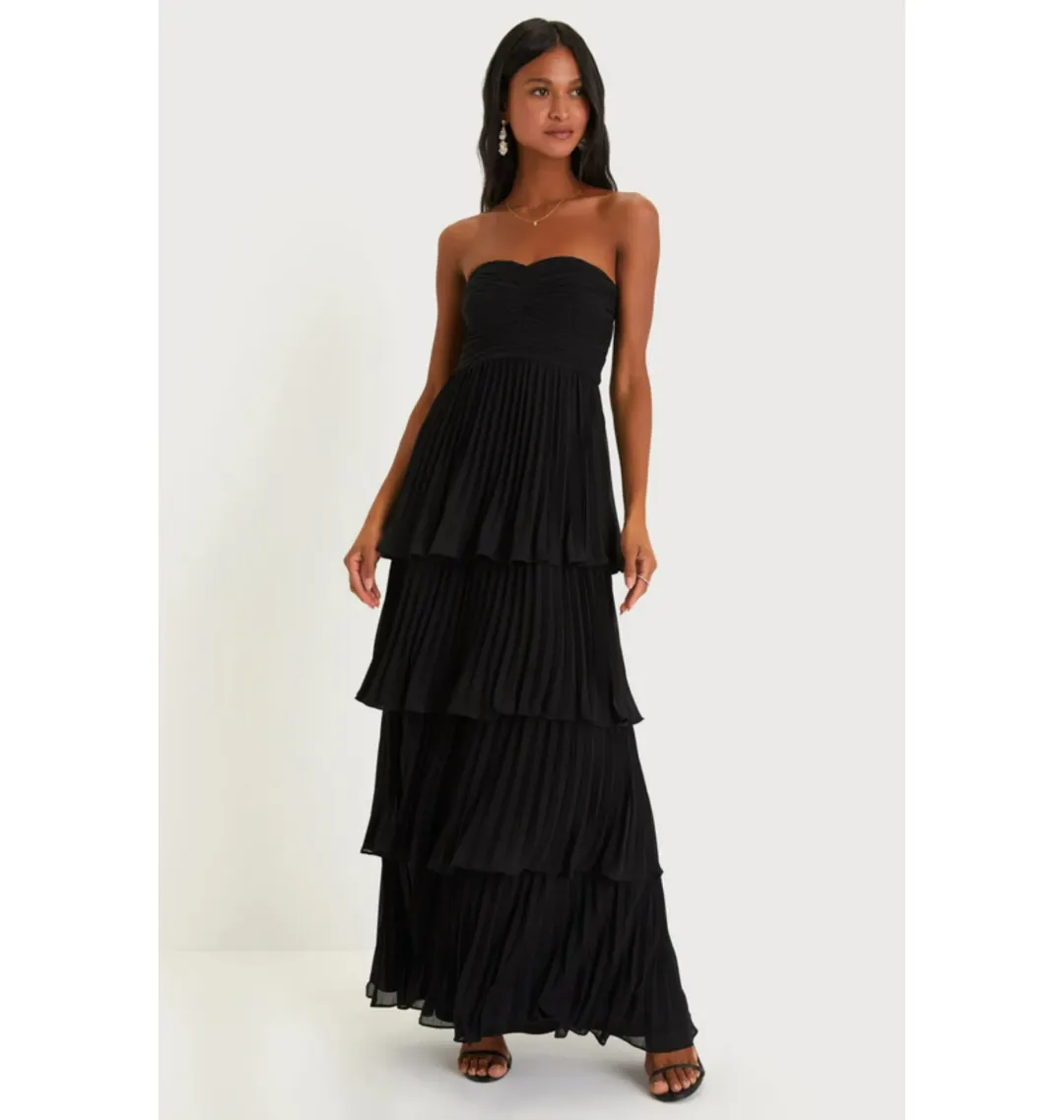 Lulus Seriously Sensational Strapless Tiered Maxi Dress Black Size AU 6 for rent on The Volte - main image
