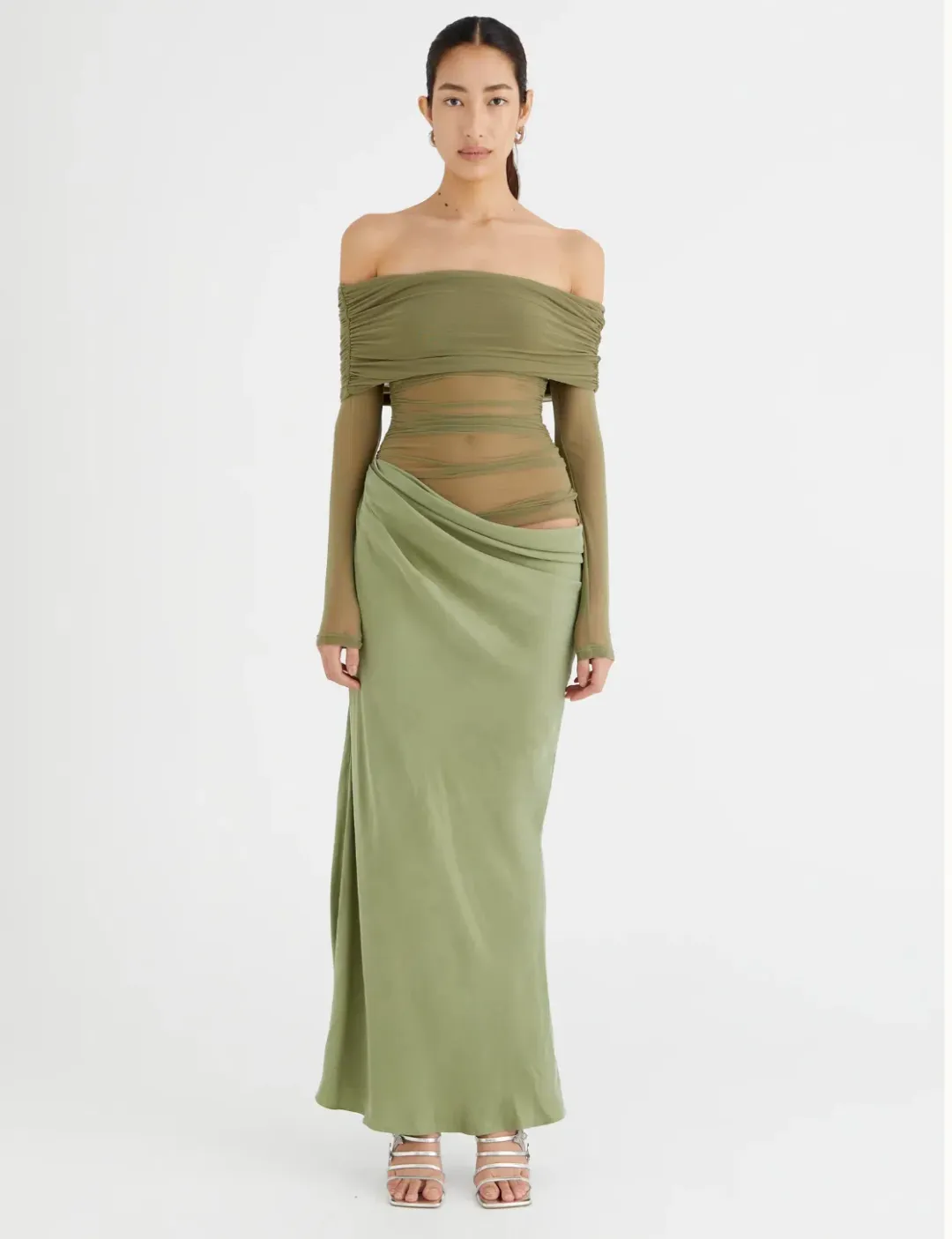 Benni Yasmin Off Shoulder Maxi Dress Pistachio Green Size 6 for rent on The Volte - main image
