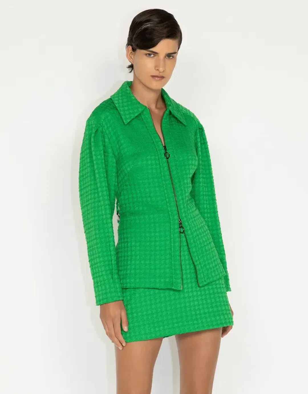 Cue Houndstooth Tweed Shirt Jacket Blazer Size 8 and Mini Skirt Size 10 Set Apple Green  for rent on The Volte - main image