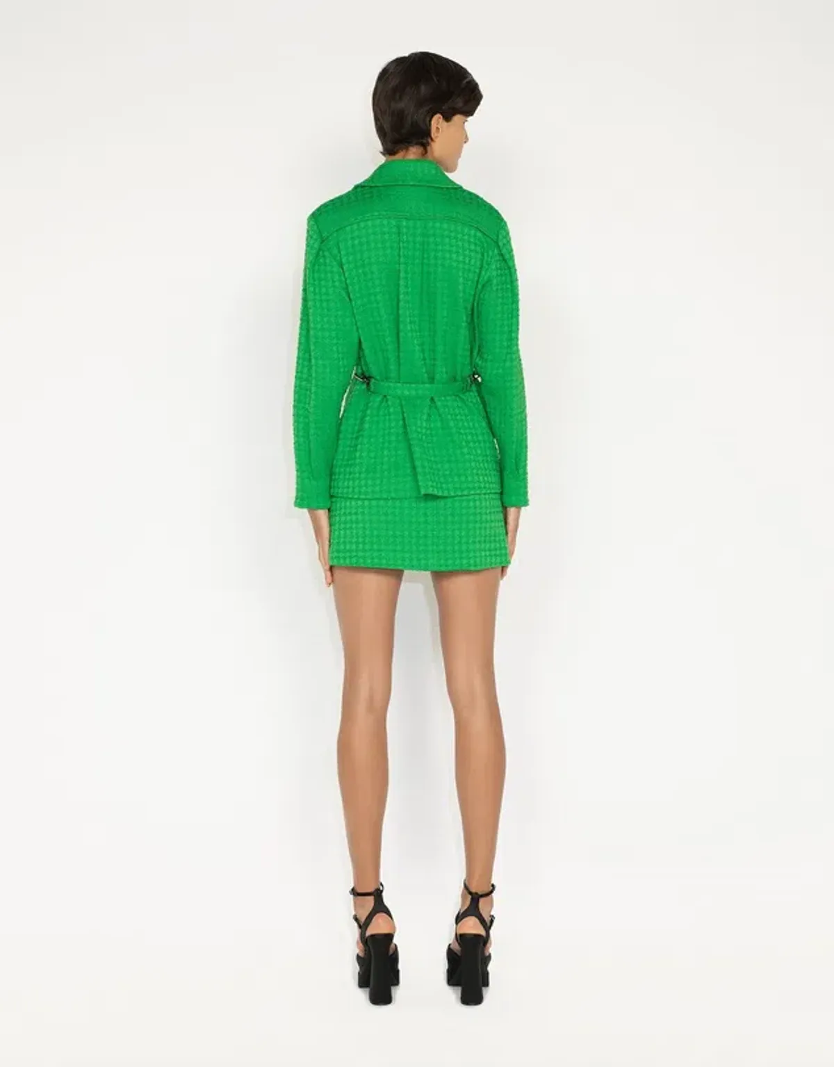 Cue Houndstooth Tweed Shirt Jacket Blazer Size 8 and Mini Skirt Size 10 Set Apple Green  - Image 3