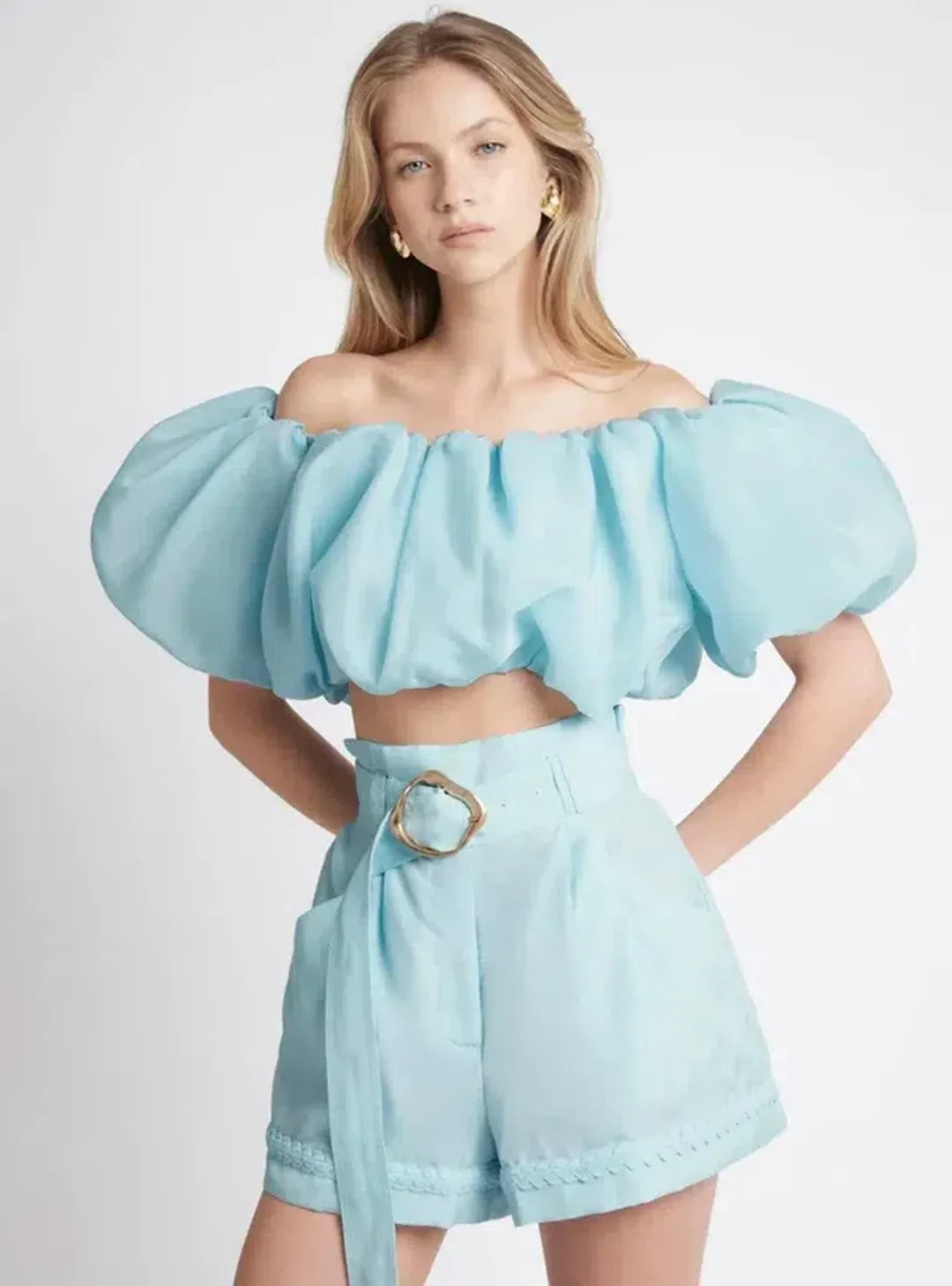 Aje Riviera Off Shoulder Tube Silk Top & Braided Silk Short Set Ice Blue Size 8 for rent on The Volte - main image