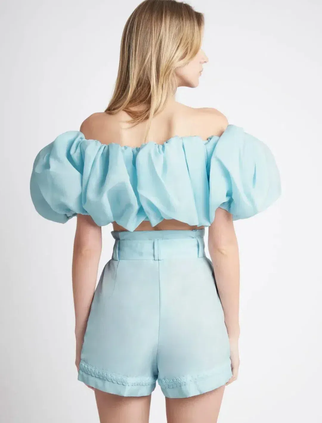 Aje Riviera Off Shoulder Tube Silk Top & Braided Silk Short Set Ice Blue Size 8 for rent on The Volte - main image