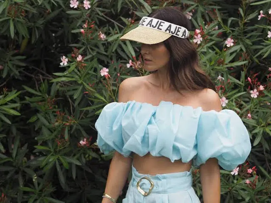 Aje Riviera Off Shoulder Tube Silk Top & Braided Silk Short Set Ice Blue Size 8 for rent on The Volte - main image