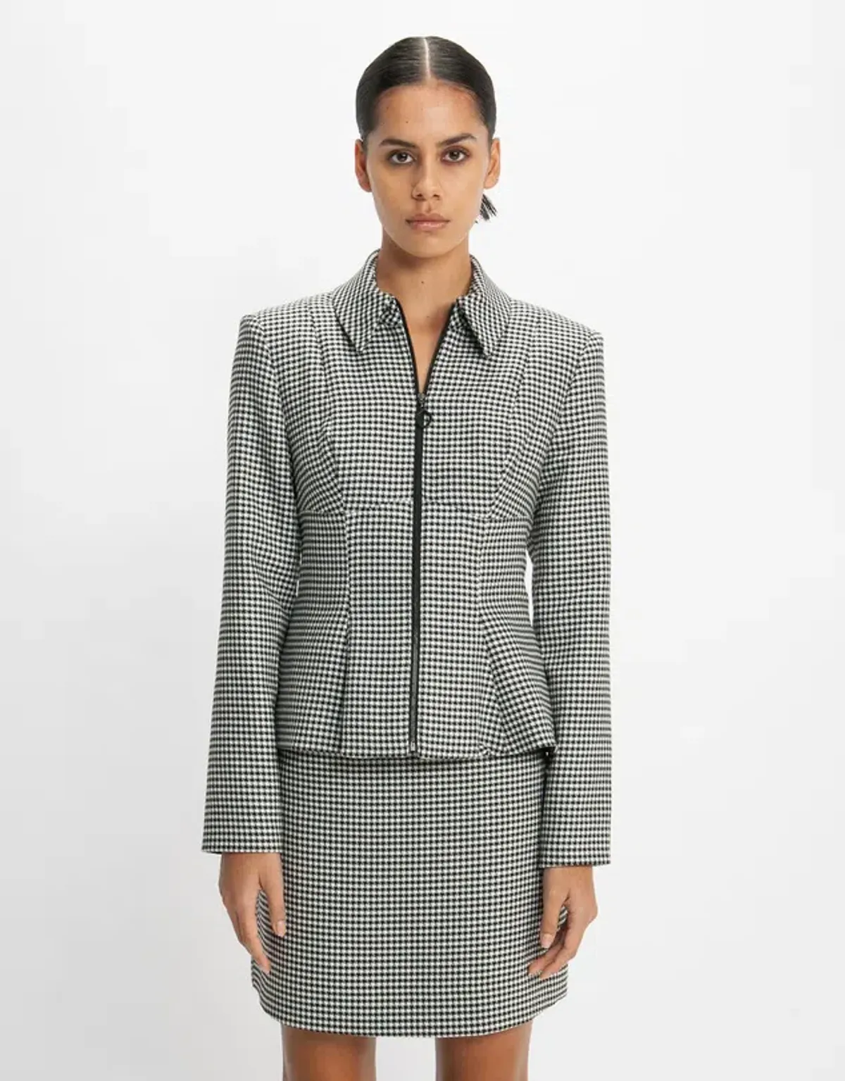 Cue Houndstooth Collared Peplum Jacket & A-Line Mini Skirt Power Suit Size 8 & 10 - Image 4