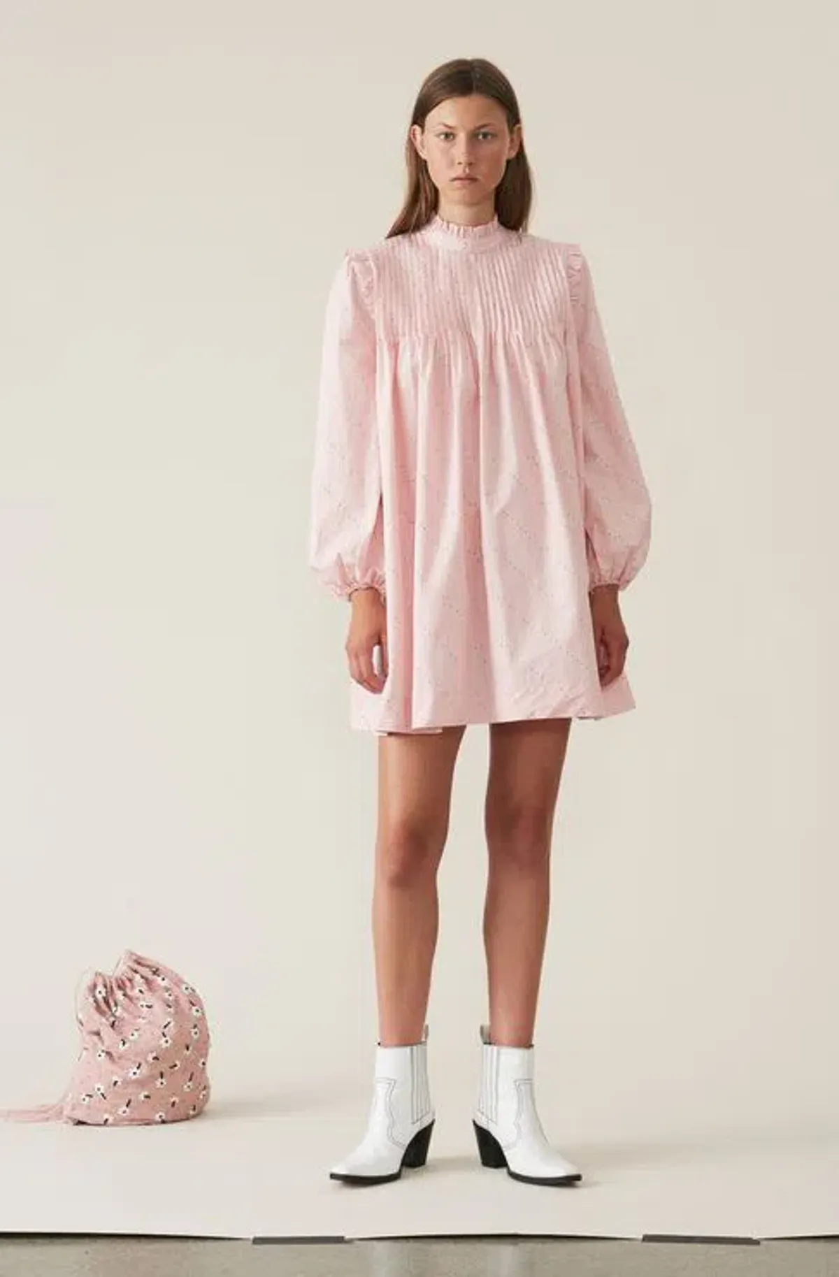 Ganni Printed Poplin Mini Dress in Silver Pink Size 10 - Image 1