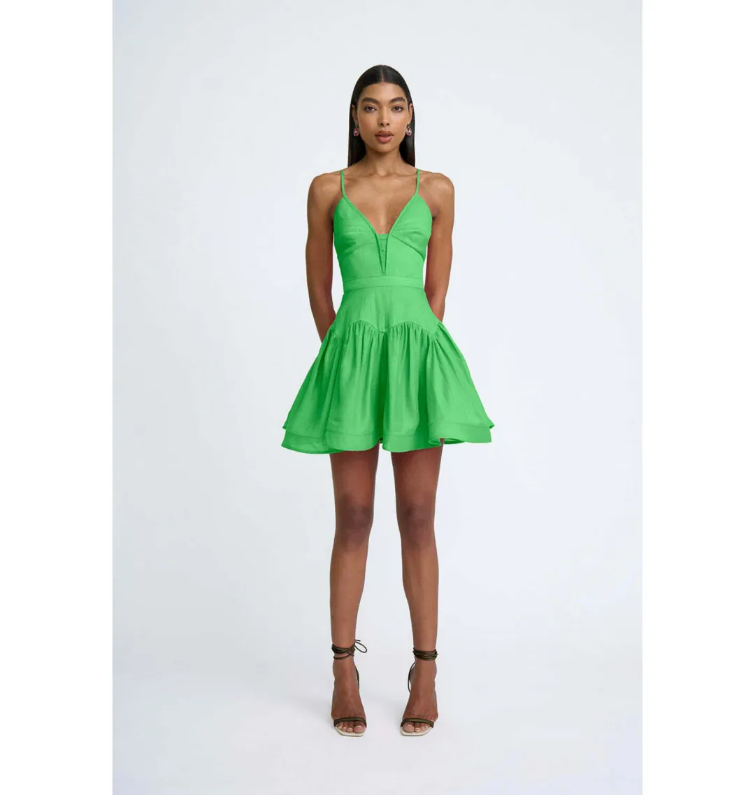 By Johnny Oriana Gather Panel Mini Dress Green Size AU 6  for rent on The Volte - main image