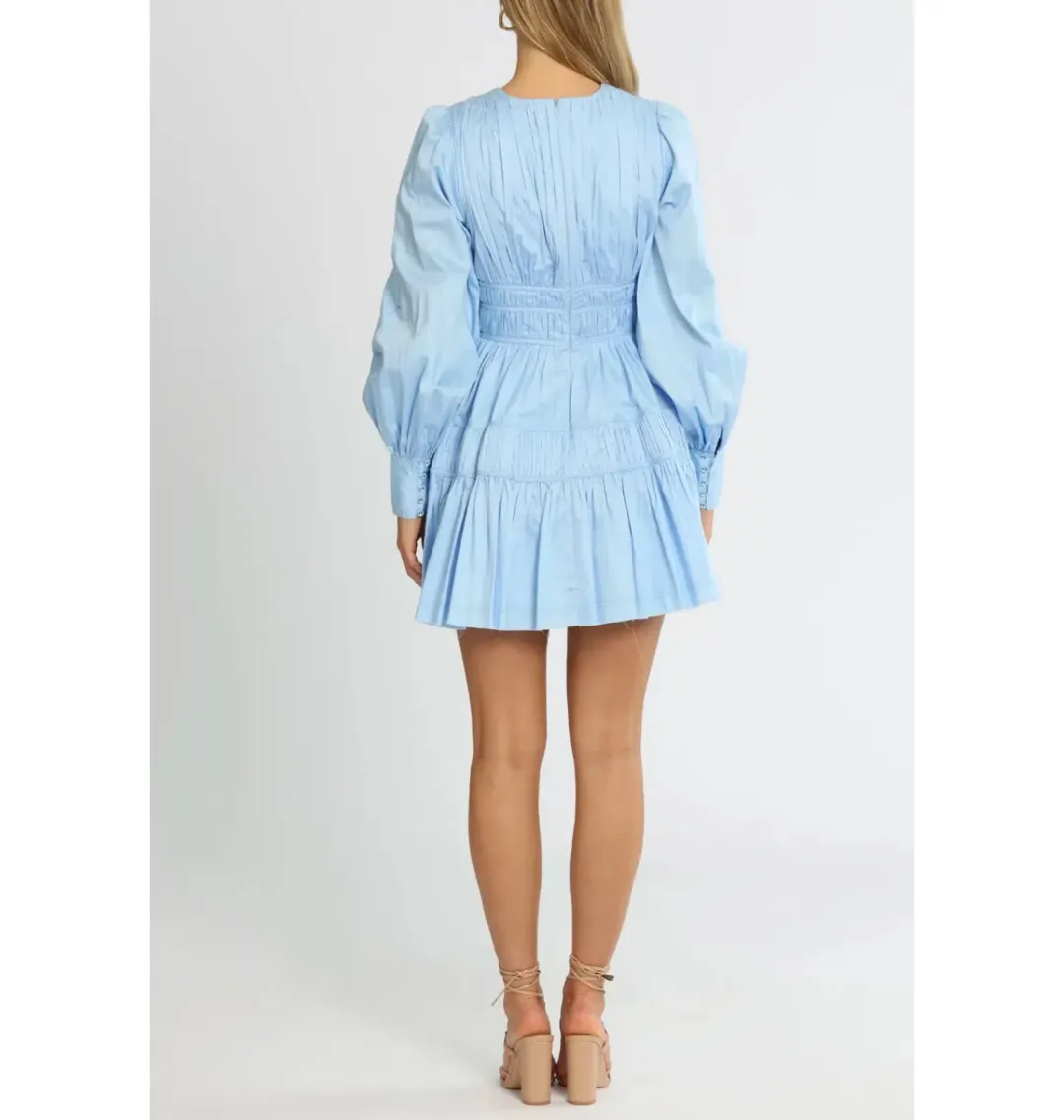 Aje Fallingwater Gathered Mini Dress in Powder Blue Size AU 8 for rent on The Volte - main image