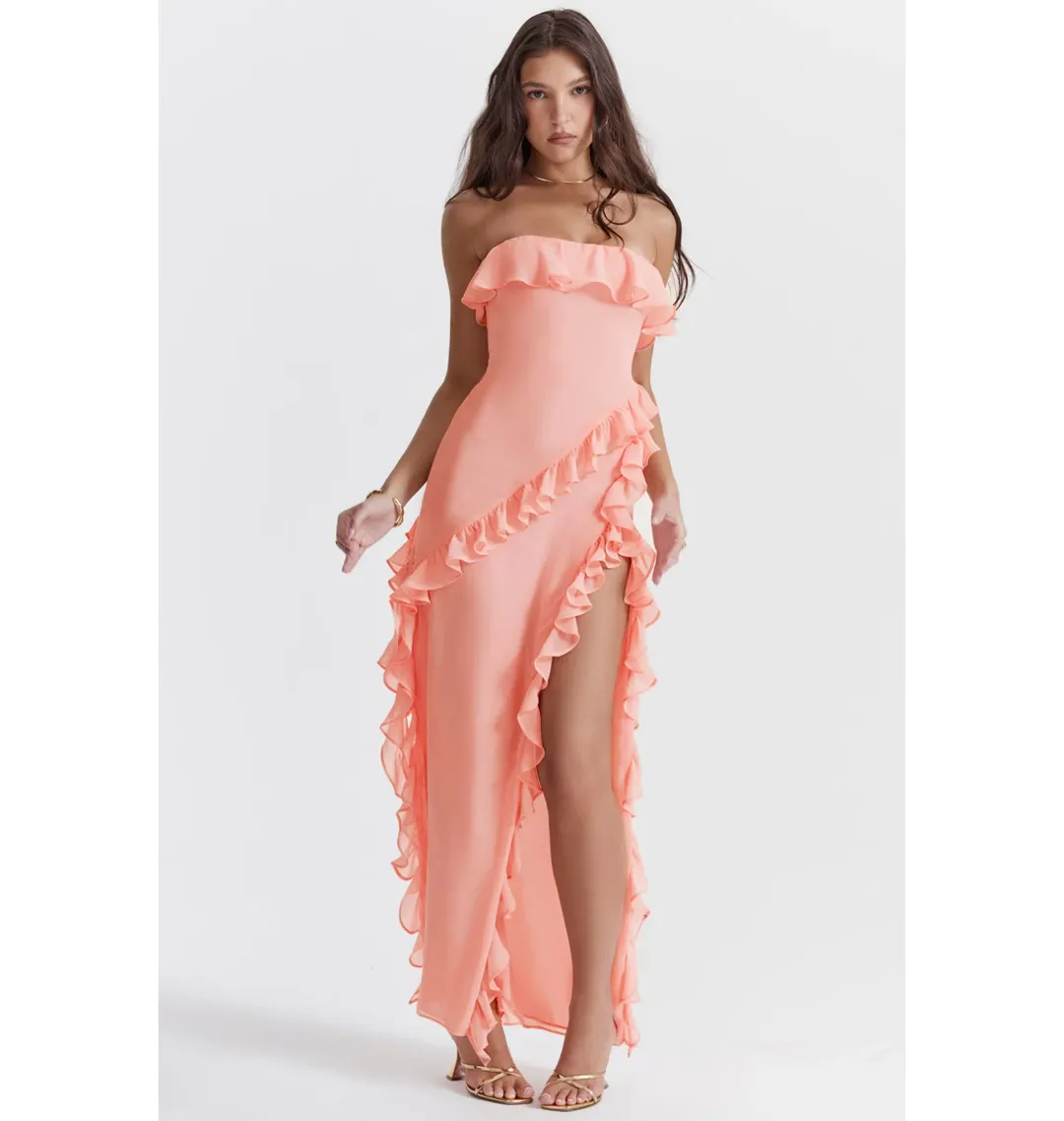 House of CB Ruffle Strapless Maxi Dress Apricot Size XS / AU 6 for rent on The Volte - main image