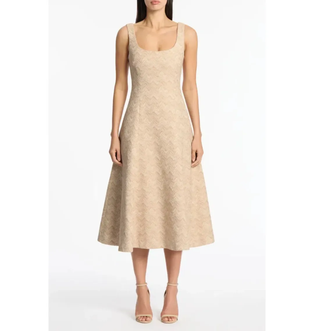 Carla Zampatti Summer Herringbone Fluted Midi Dress Beige Size AU 10 for rent on The Volte - main image