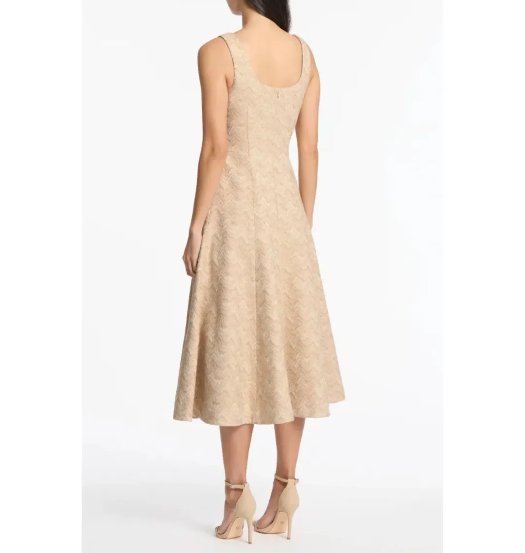 Carla Zampatti Summer Herringbone Fluted Midi Dress Beige Size AU 10 for rent on The Volte - main image