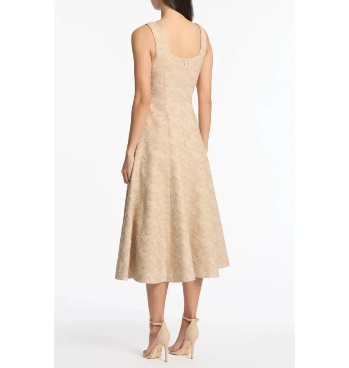 Carla Zampatti Summer Herringbone Fluted Midi Dress Beige Size AU 10 - Image 3