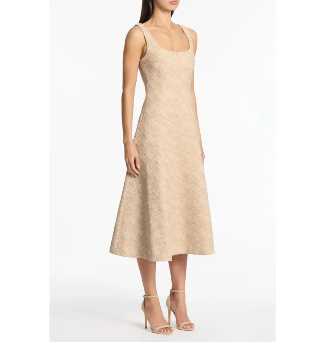 Carla Zampatti Summer Herringbone Fluted Midi Dress Beige Size AU 10 for rent on The Volte - main image