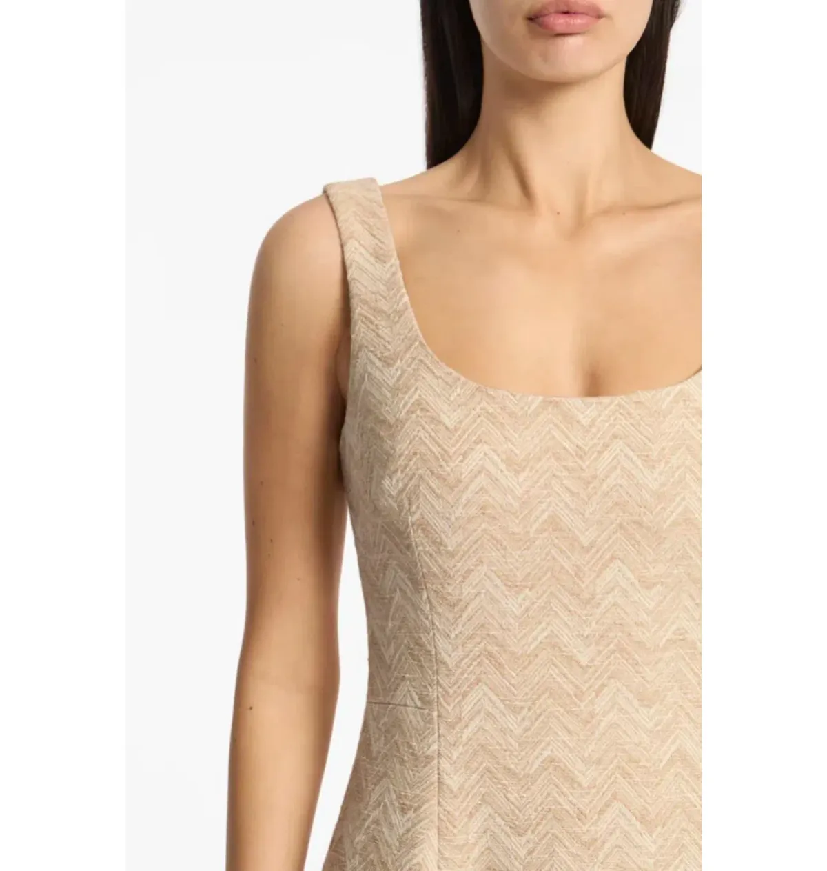 Carla Zampatti Summer Herringbone Fluted Midi Dress Beige Size AU 10 - Image 4
