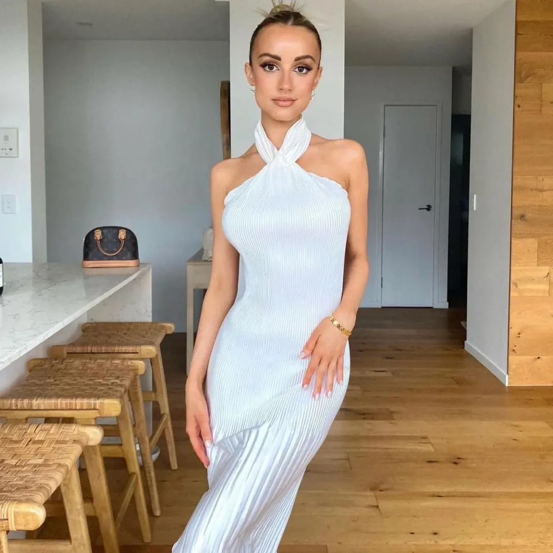 L'Idee Soirée Pleated Halter Gown White Size 6 for rent on The Volte - main image