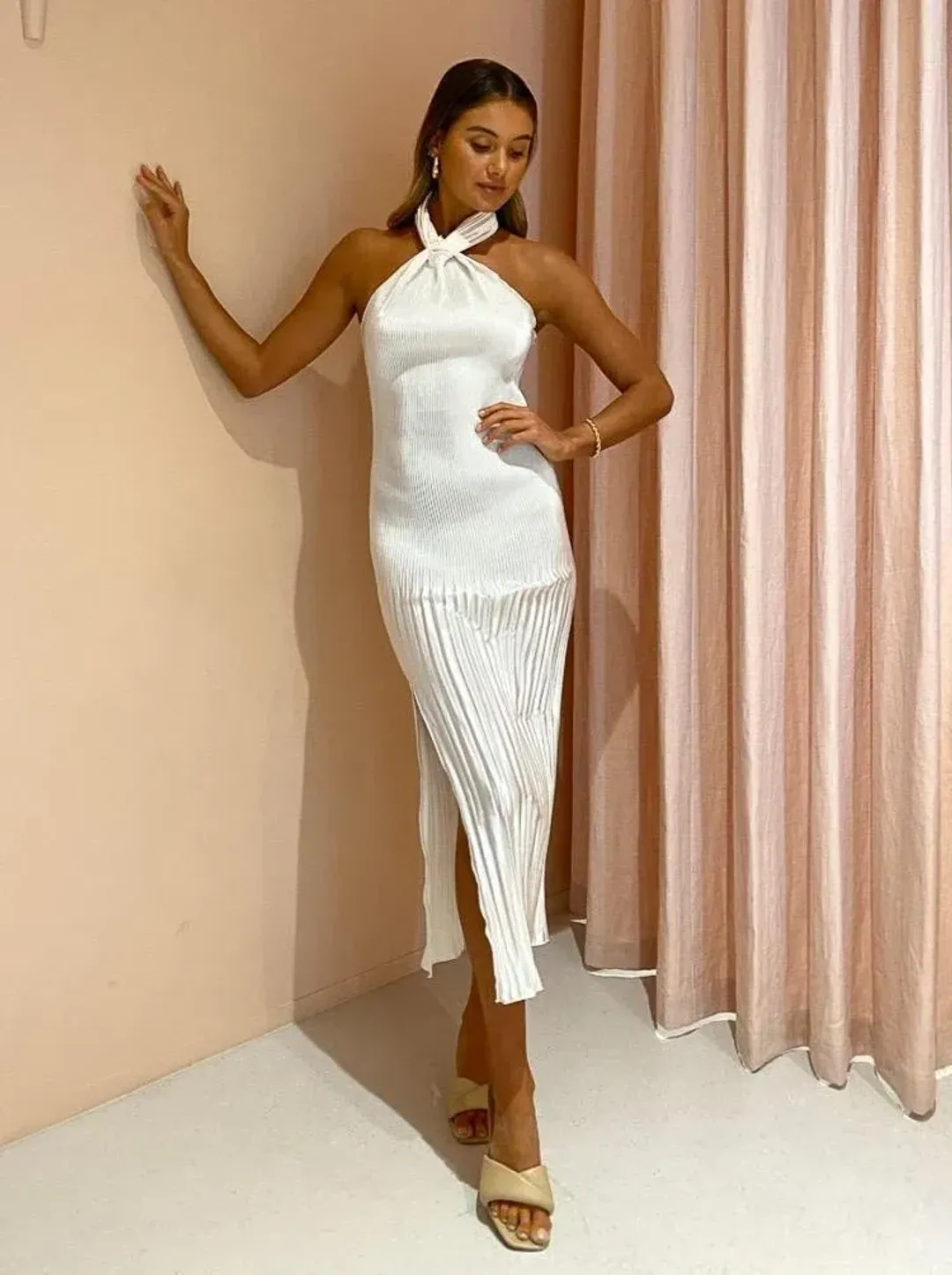 L'Idee Soirée Pleated Halter Gown White Size 6 for rent on The Volte - main image