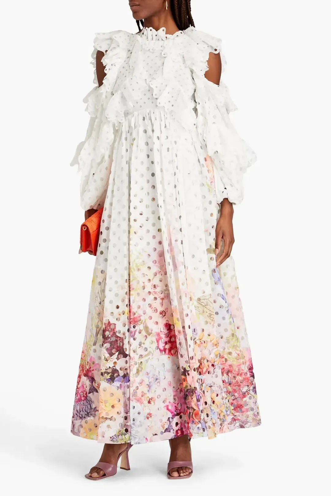 Zimmermann Prima Ruffled Laser Cut Gauze Gown Multi Floral Print Size 0 / AU 8 for rent on The Volte - main image