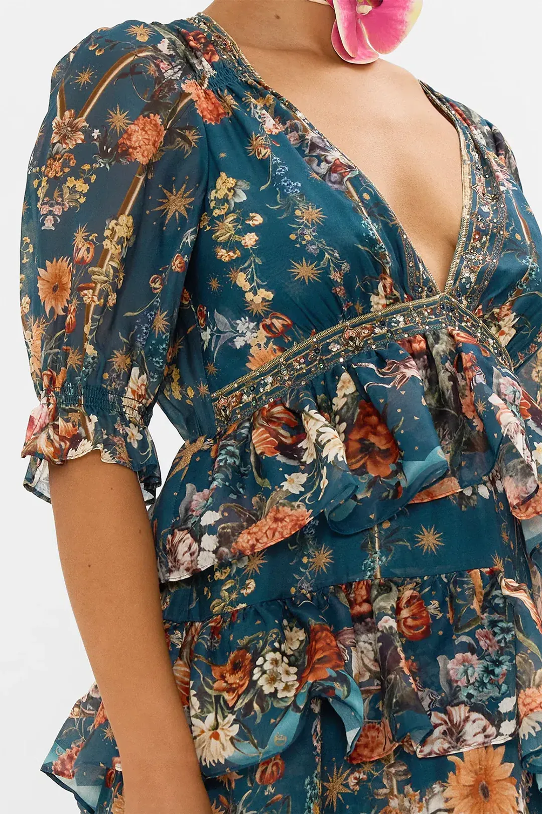 Camilla She Who Wears the Crown Puff Sleeve Tiered Long Dress Floral Size S (AU 10) for rent on The Volte - main image