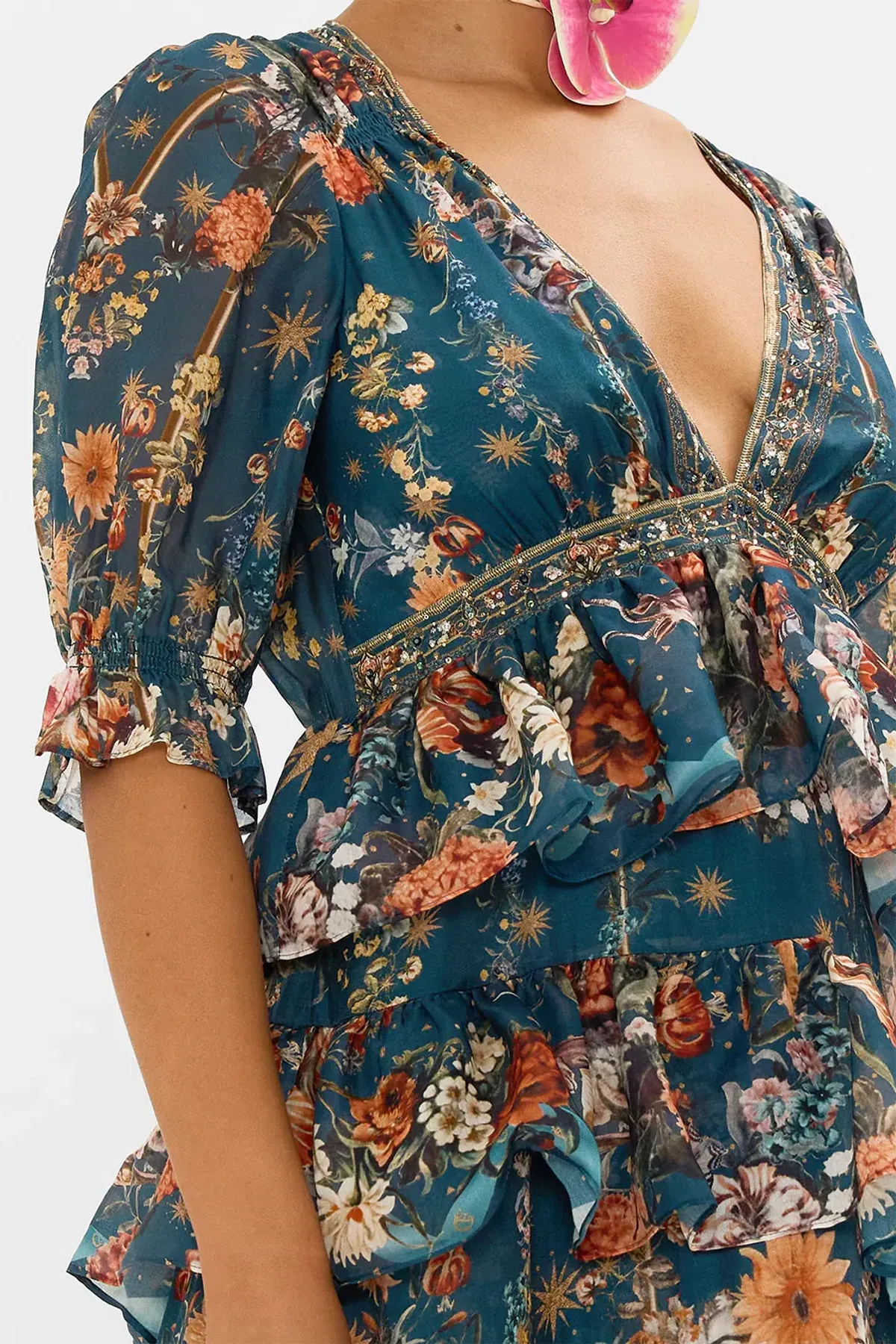 Camilla She Who Wears the Crown Puff Sleeve Tiered Long Dress Floral Size S (AU 10) - Image 5