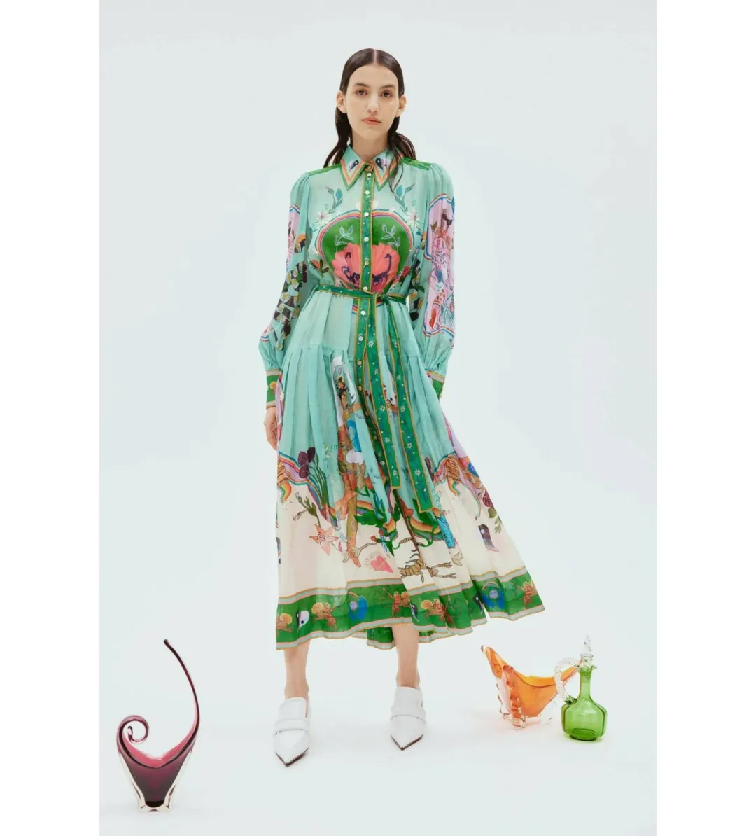 Alemais Evergreen Midi Shirtdress Green/Print Size 14 for rent on The Volte - main image