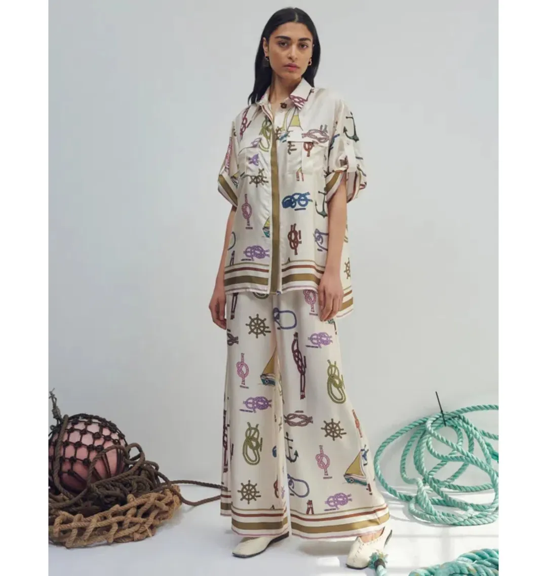 Alemais Ships Ahoy Silk Shirt Size AU 12 and Pants Size AU 14 Set Print  for rent on The Volte - main image