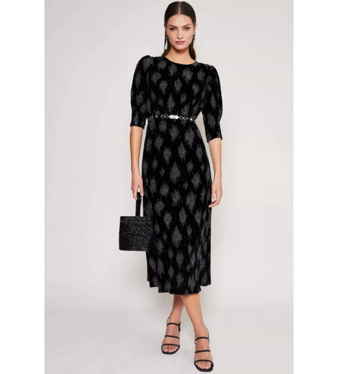 RIXO Lucile Velvet Droplet Glitter Midi Dress Black Size 6 for rent on The Volte - main image