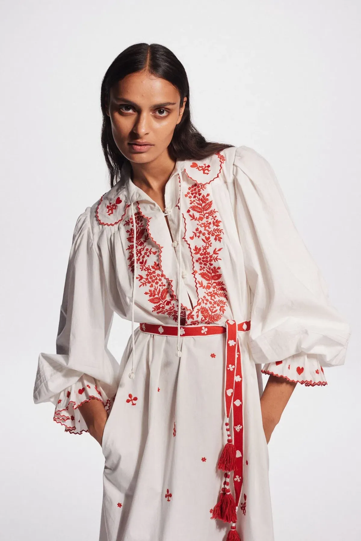 Alemais Hearts Embroidered Midi Dress White/Red Size 14 - Image 2