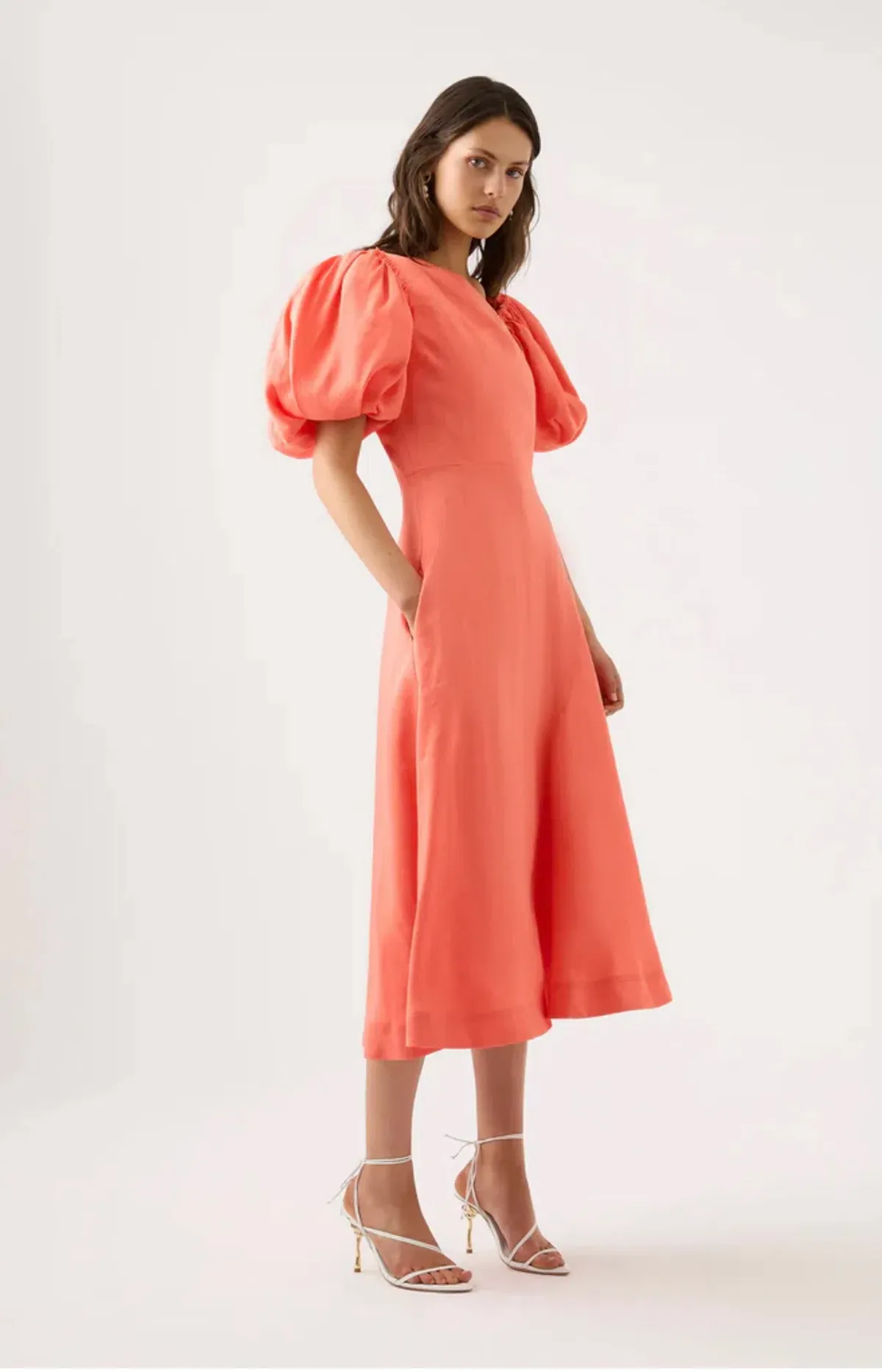 AJE Maia Off Shoulder Midi Dress Coral Orange  Size 16  - Image 3