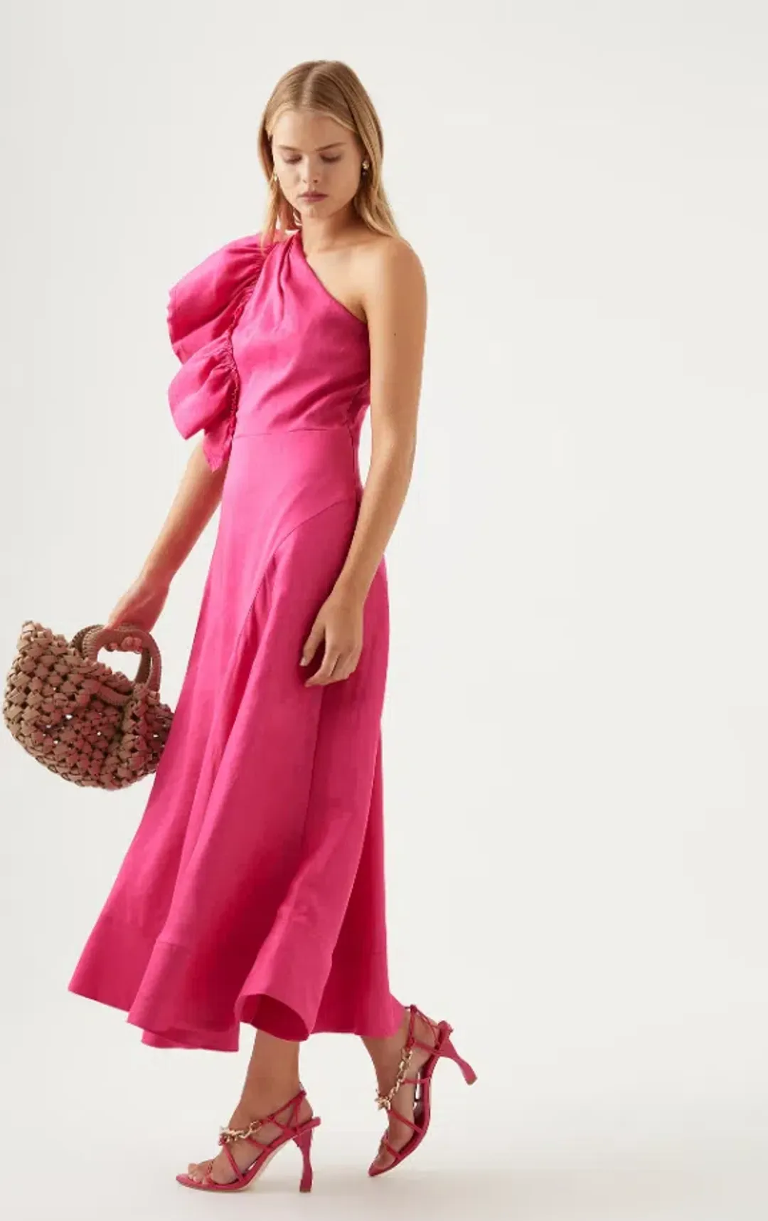 AJE Bonjour Asymmetric Midi Dress Fuschia Pink Size 16  for rent on The Volte - main image