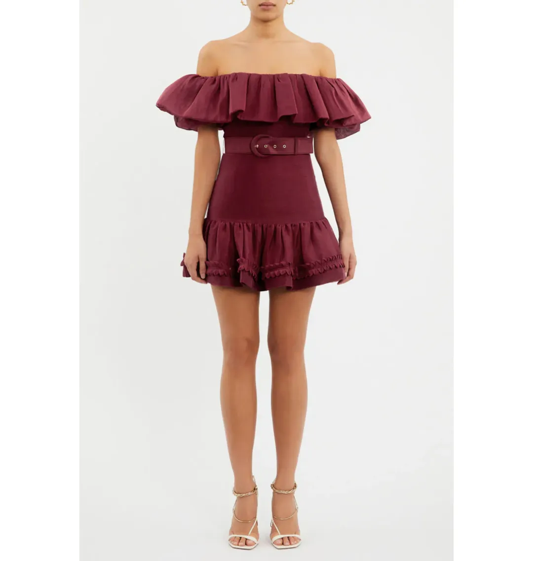 Rebecca Vallance Bordeaux Off Shoulder Mini Dress Burgundy Size AU 12 for rent on The Volte - main image