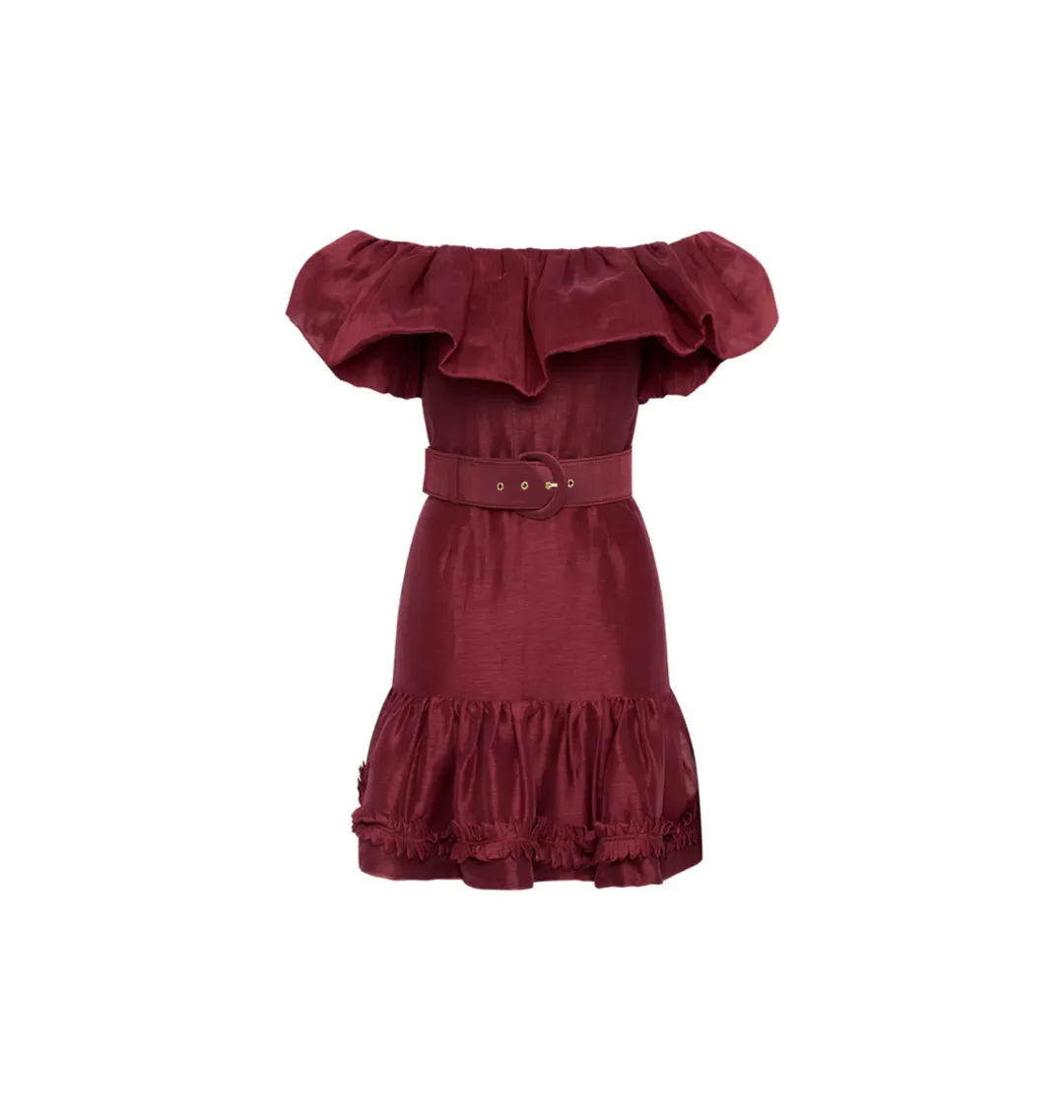 Rebecca Vallance Bordeaux Off Shoulder Mini Dress Burgundy Size AU 12 for rent on The Volte - main image