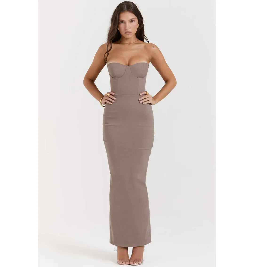 House of CB Lucia Strapless Corset Maxi Dress Taupe Size S / AU 8 for rent on The Volte - main image