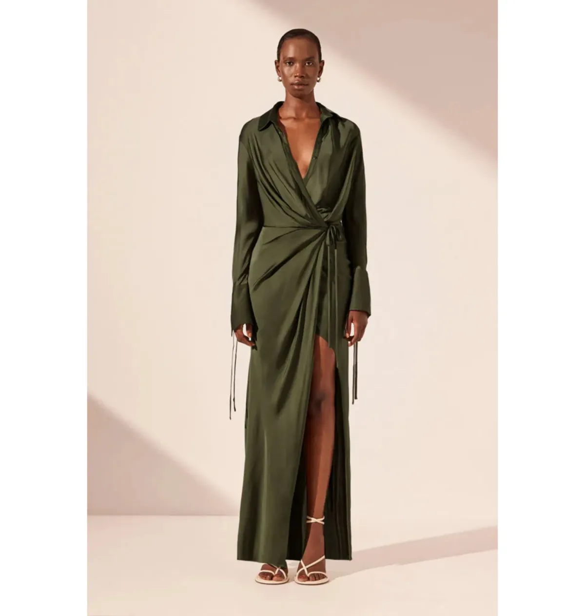 Shona Joy Shae Draped Shirt Maxi Dress Pine Green Size AU 16 - Image 1