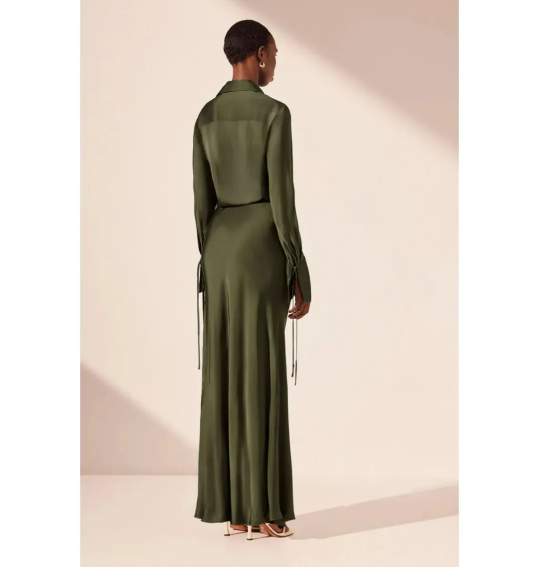 Shona Joy Shae Draped Shirt Maxi Dress Pine Green Size AU 16 for rent on The Volte - main image
