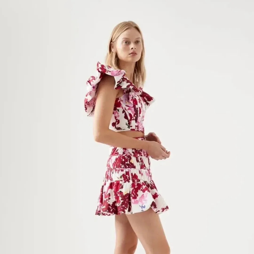 Aje Margot Bubble Frill Top and La Vie Bubble Mini Skirt Set Roses Of Provence Print Size 14 for rent on The Volte - main image