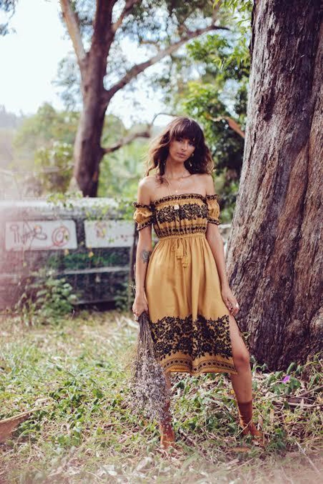 Spell & the Gypsy Collective Venus Off Shoulder Mid Dress Yellow Size 12 for rent on The Volte - main image