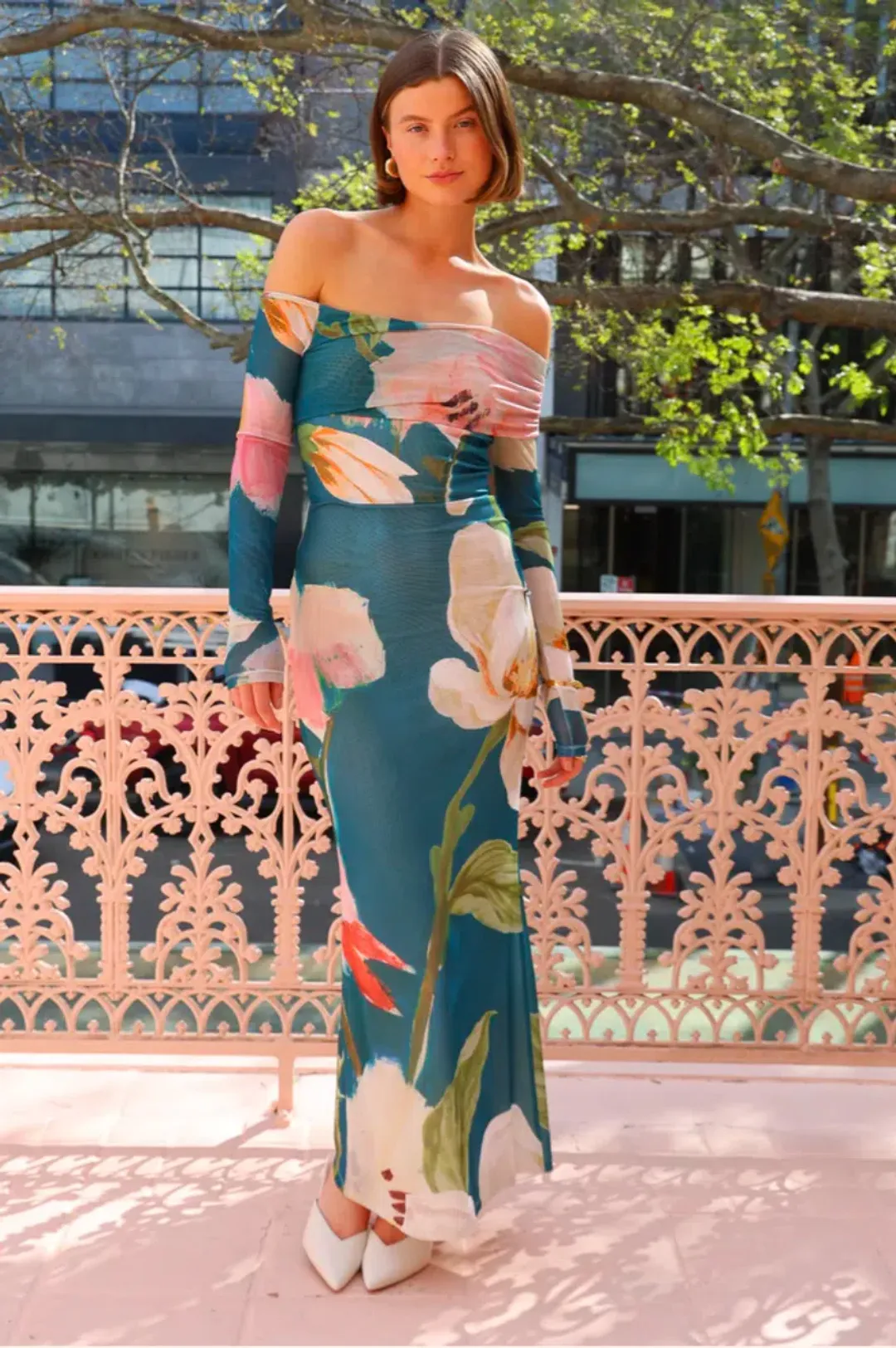 By Nicola Paloma Off Shoulder Mesh Dress Pine Green Floral Print Size 10 for rent on The Volte - main image