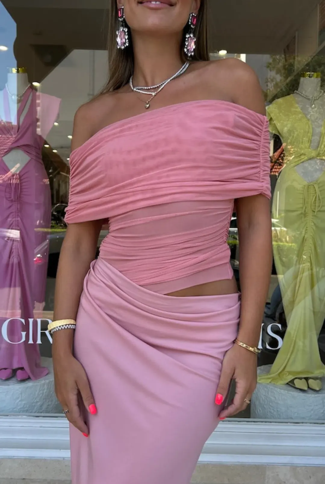 Benni Nico Off the Shoulder Maxi Dress Candyfloss Pink Size S / AU 8 for rent on The Volte - main image