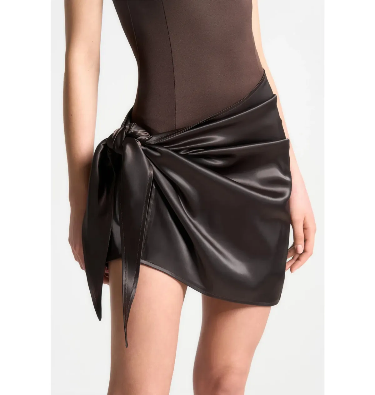 Maniere De Voir Neoprene & Satin Wrap Bodycon Dress Brown Size AU 8 - Image 3