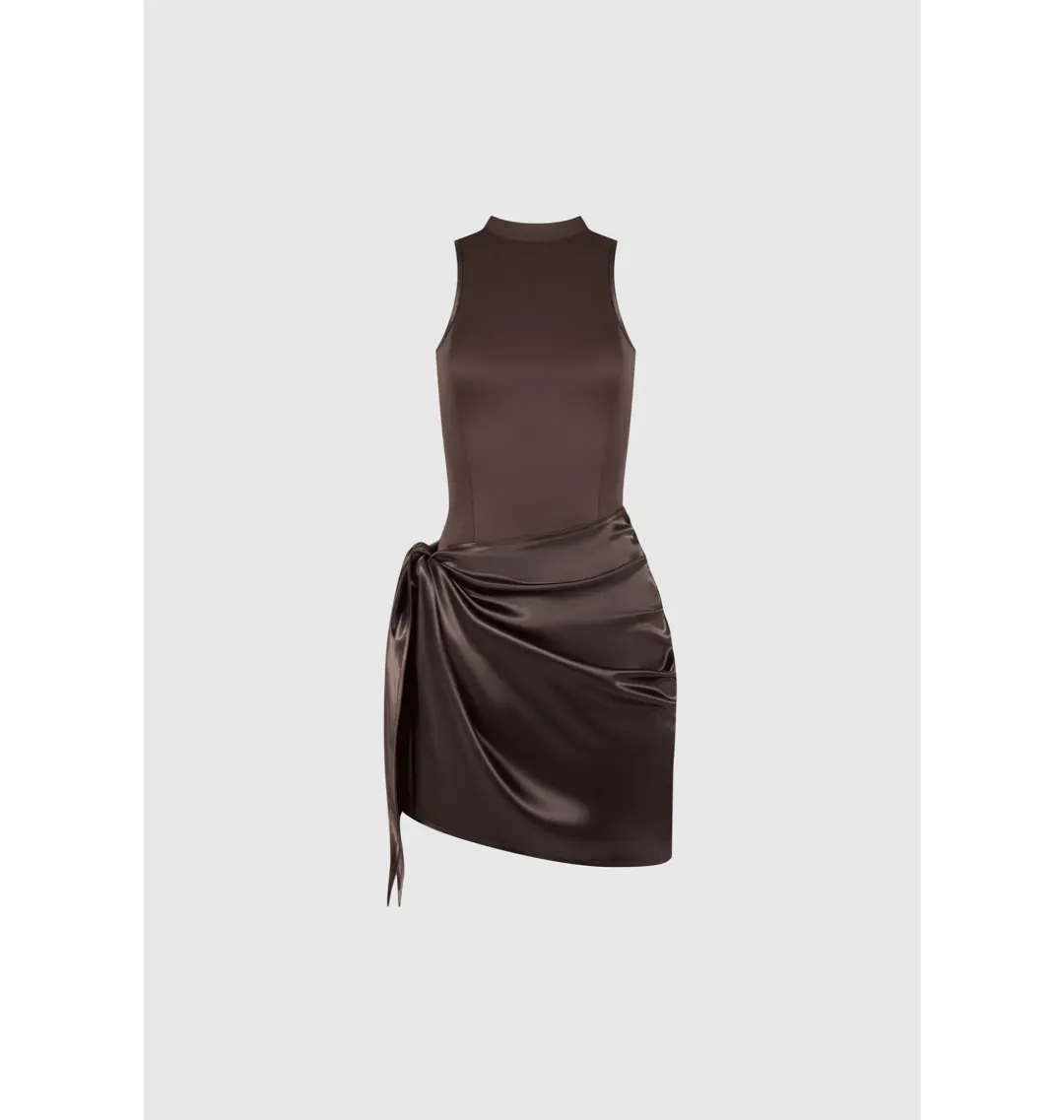 Maniere De Voir Neoprene & Satin Wrap Bodycon Dress Brown Size AU 8 for rent on The Volte - main image