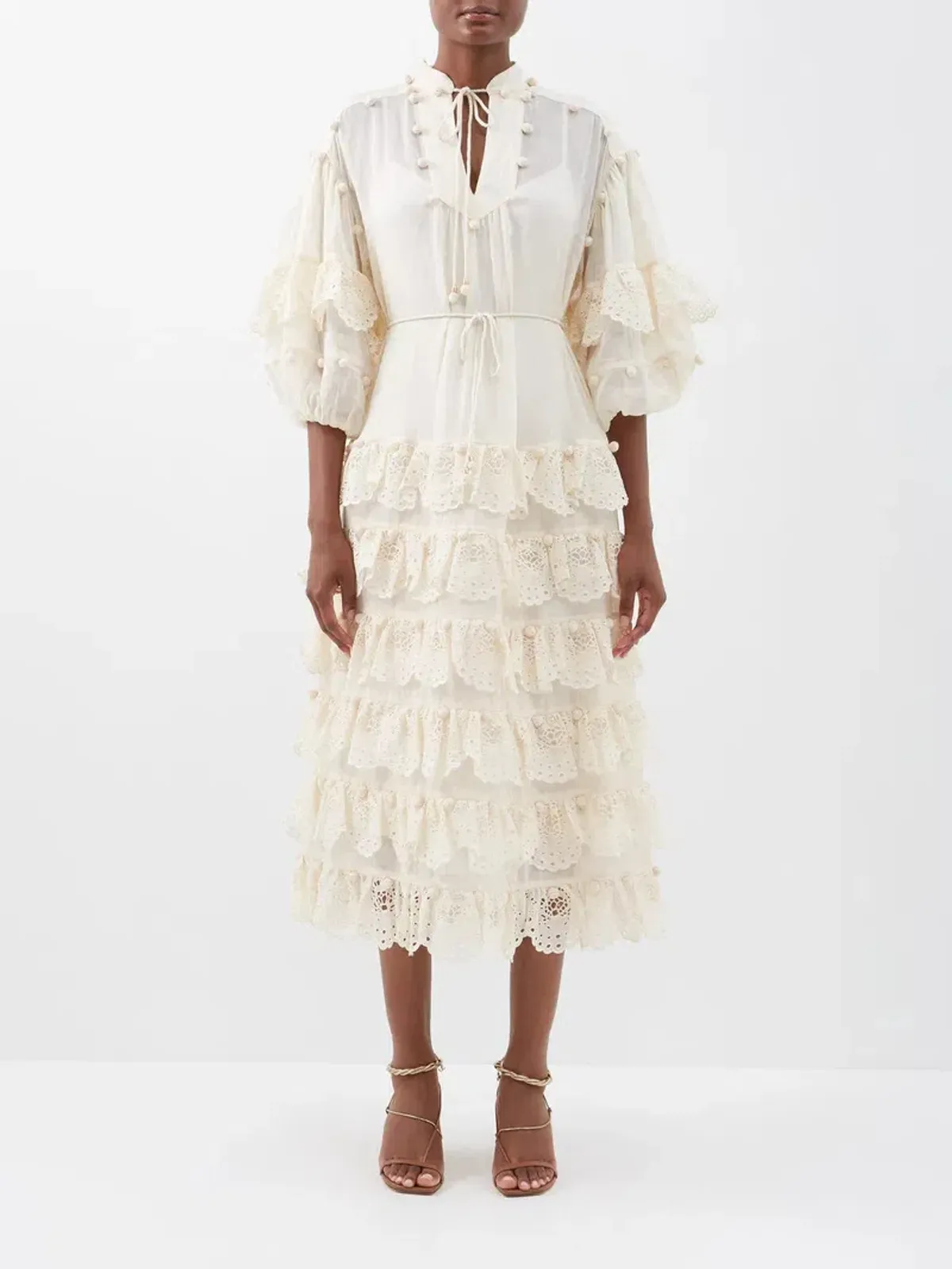 Zimmermann The Lyre Trim Tiered Midi Dress Cream Size 0 / AU 8 - Image 1