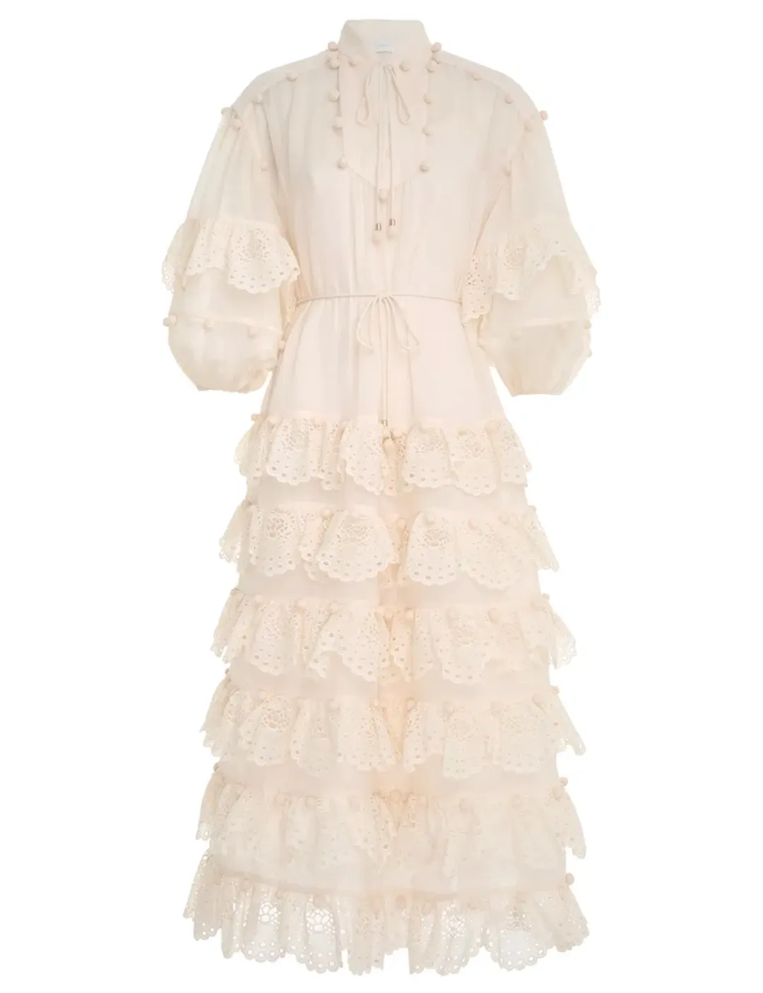 Zimmermann The Lyre Trim Tiered Midi Dress Cream Size 0 / AU 8 for rent on The Volte - main image