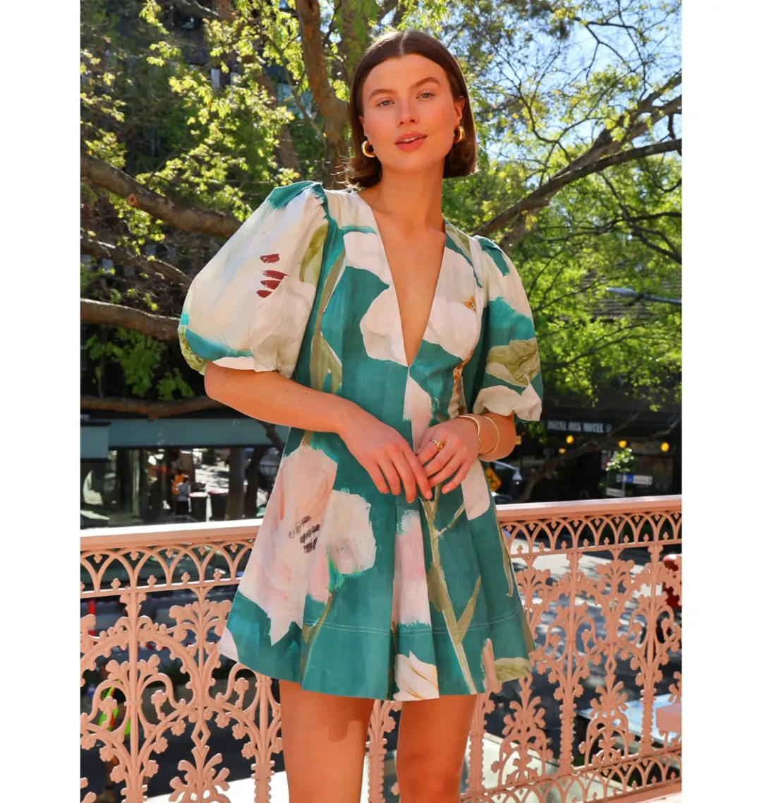 By Nicola Wavy Mini Dress in Pine Green Floral Size AU 12 for rent on The Volte - main image