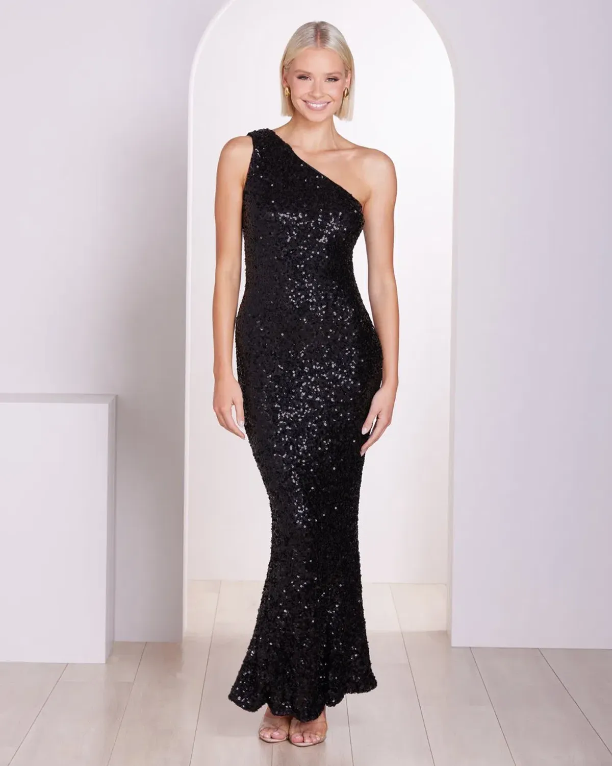 Pilgrim Adelle One Shoulder Gown Black Sequin Size 8 - Image 1