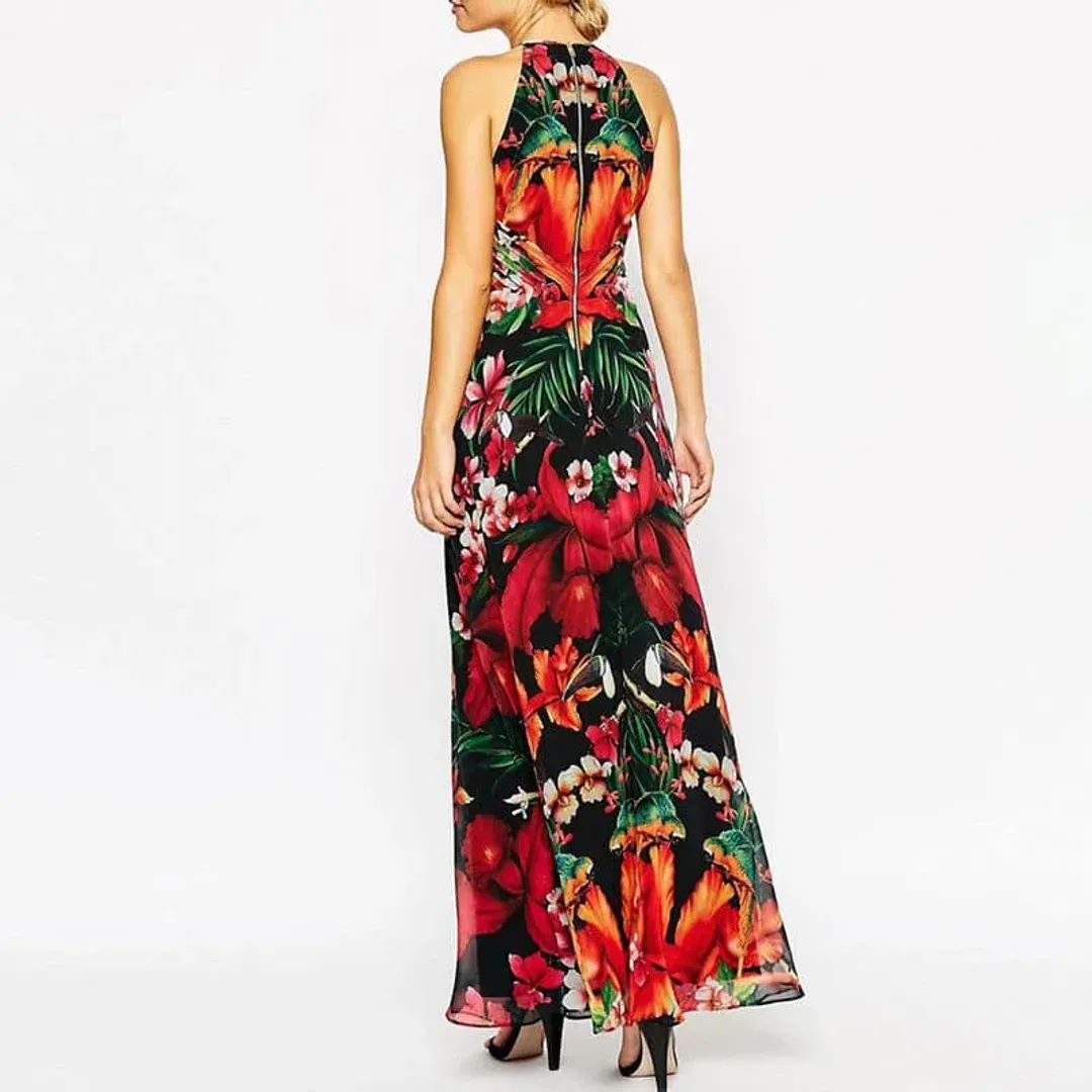 Ted Baker Mircana Toucan Maxi Dress Tropical Flower Peacock Print Size 1 / AU 8 for rent on The Volte - main image