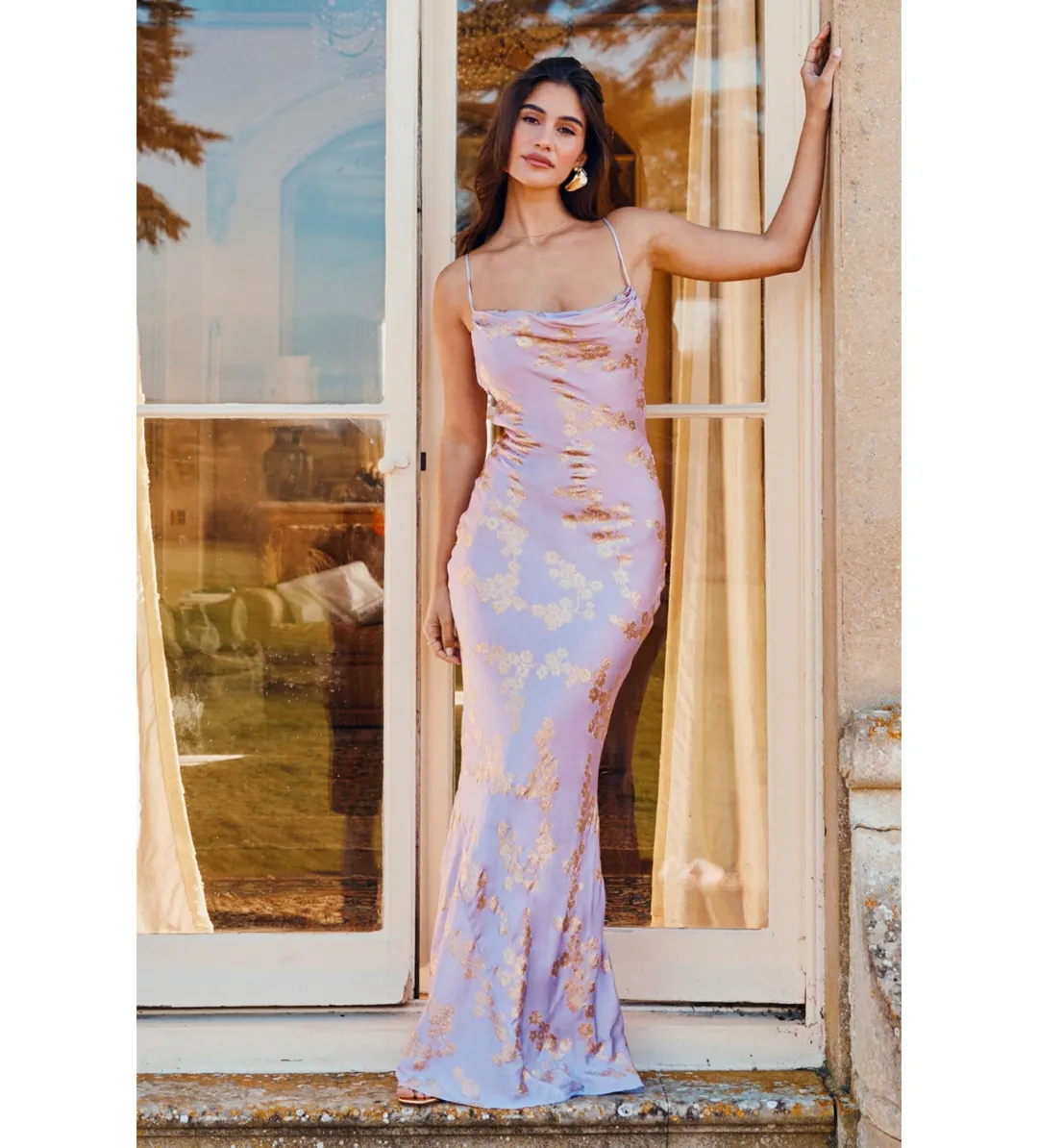 House of CB Capriana  Satin Gown Orchid Jacquard Size S/Au 8 for rent on The Volte - main image