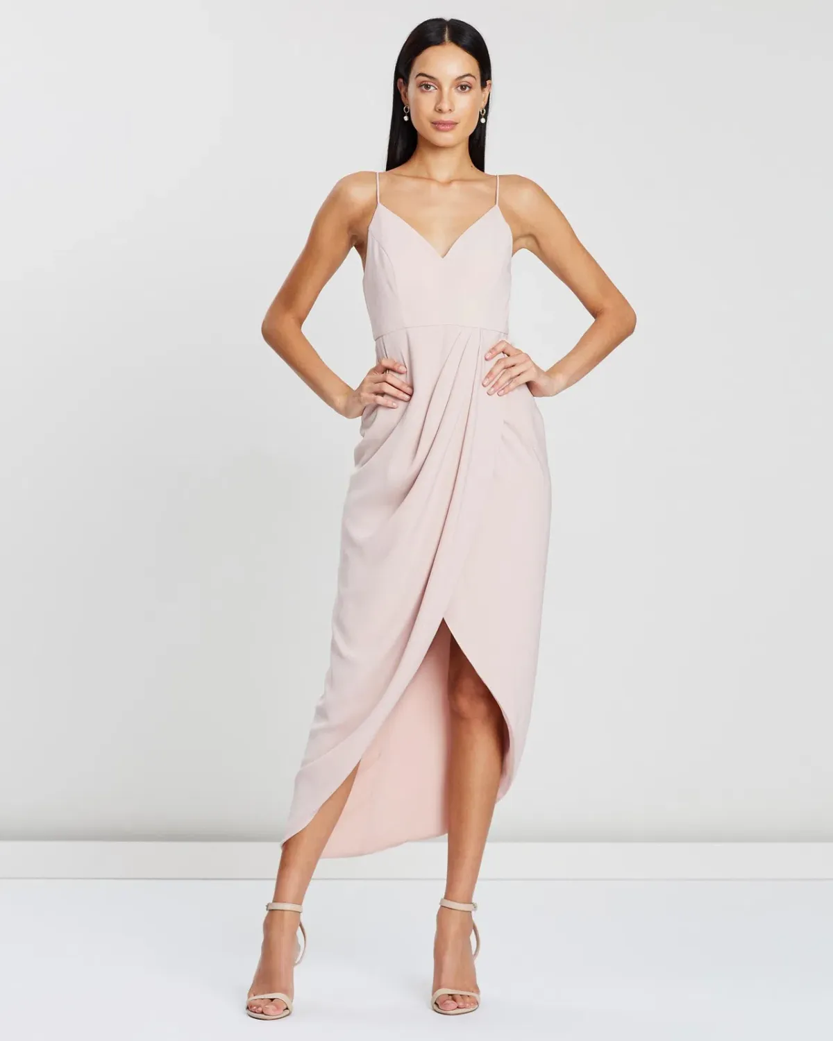 Shona Joy Core Cocktail Draped Midi Dress Ballet Pink Size 6 - Image 1